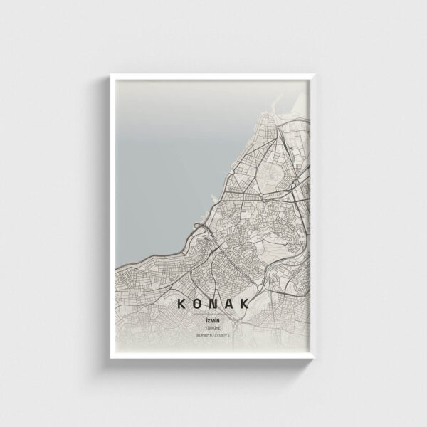 Beyaz çerçeveli Konak, İzmir şehir haritası posteri, minimalist duvar dekoru.