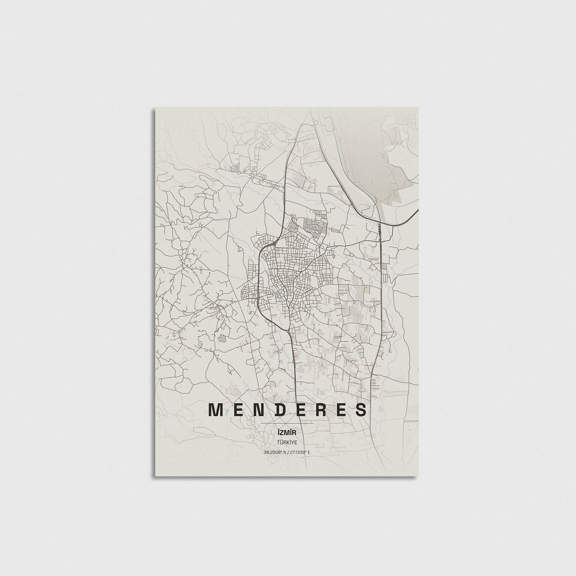 Menderes İzmir haritası minimalist poster tasarımı, dekoratif duvar sanatı.