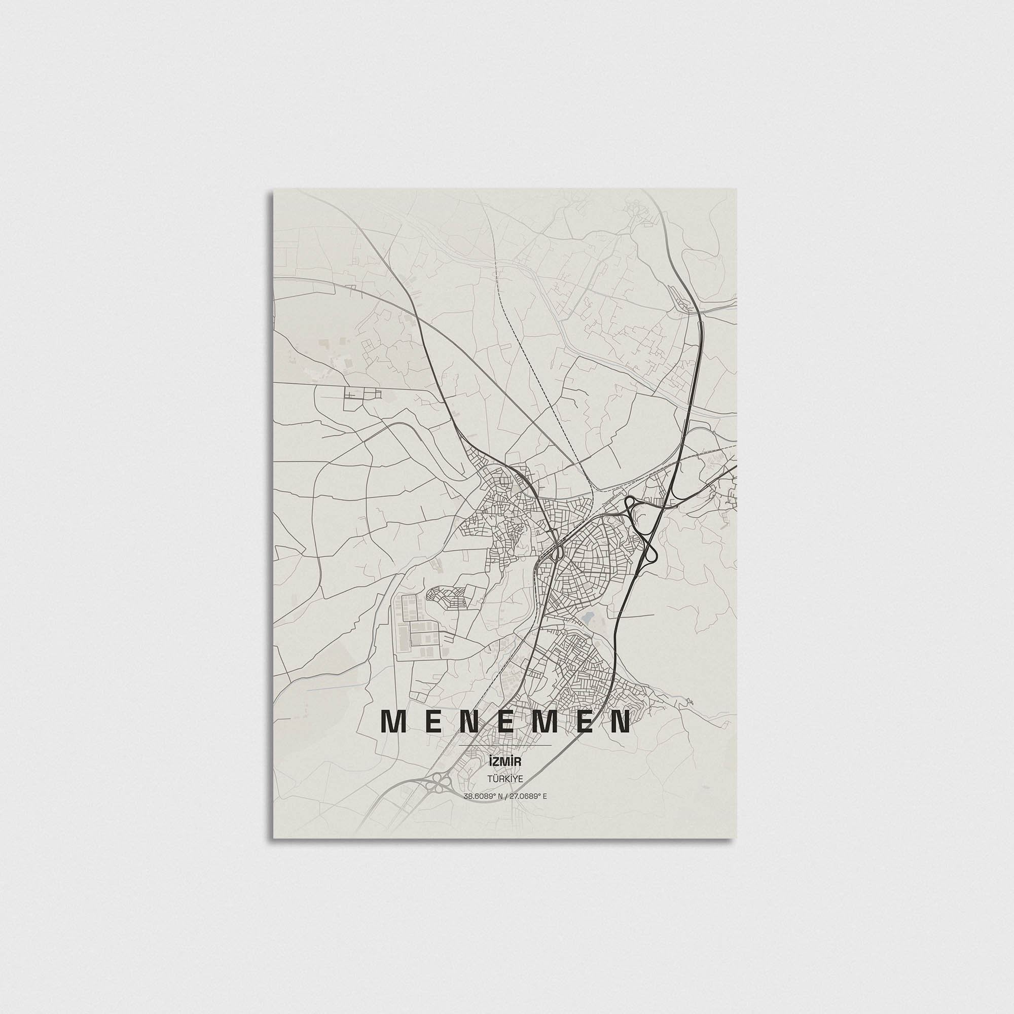 Menemen, İzmir şehir haritası tasarımı, minimalist dekoratif poster.