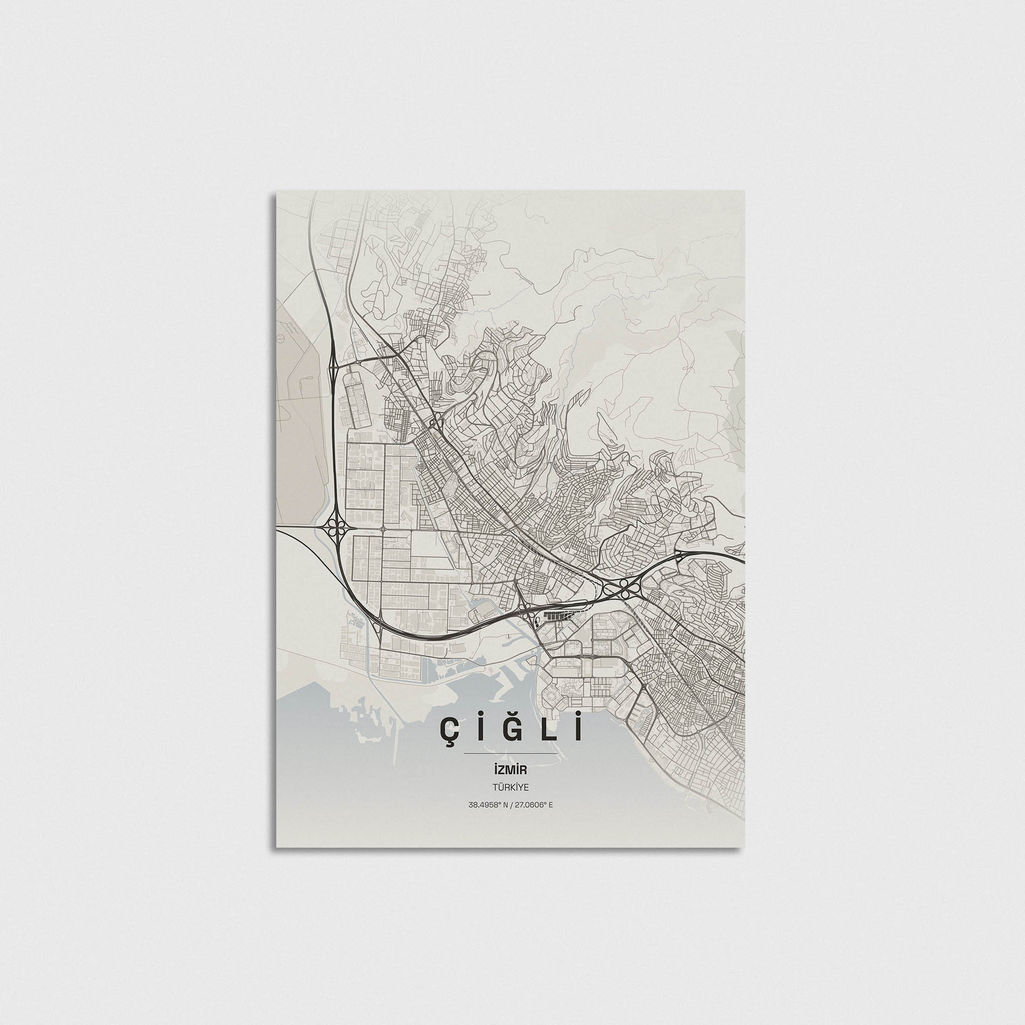 İzmir Çiğli minimalist şehir haritası posteri, modern dekoratif duvar tablosu tasarımı.