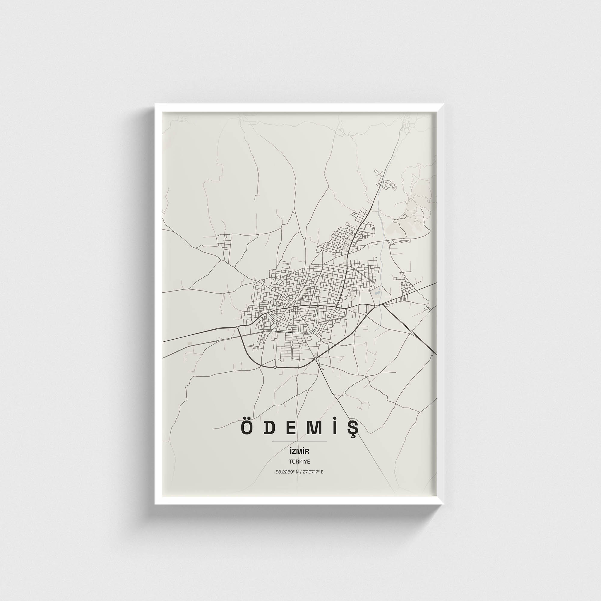 Beyaz çerçeveli Ödemiş, İzmir harita posteri, modern duvar dekorasyonu için minimalist şehir haritası tasarımı.