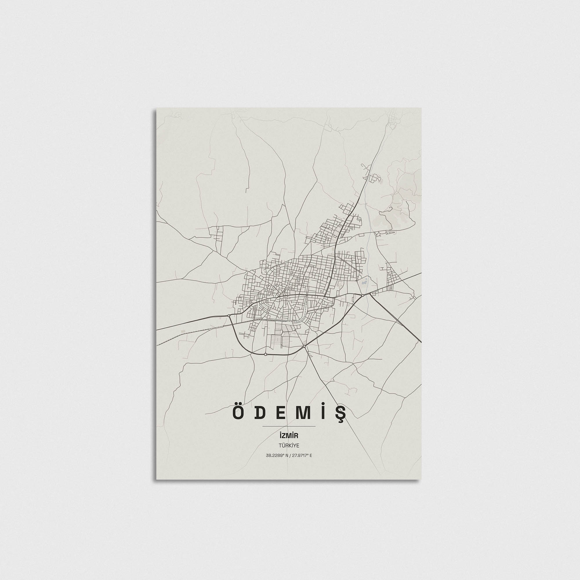 Ödemiş İzmir harita posteri, minimalist tasarımlı dekoratif duvar tablosu.