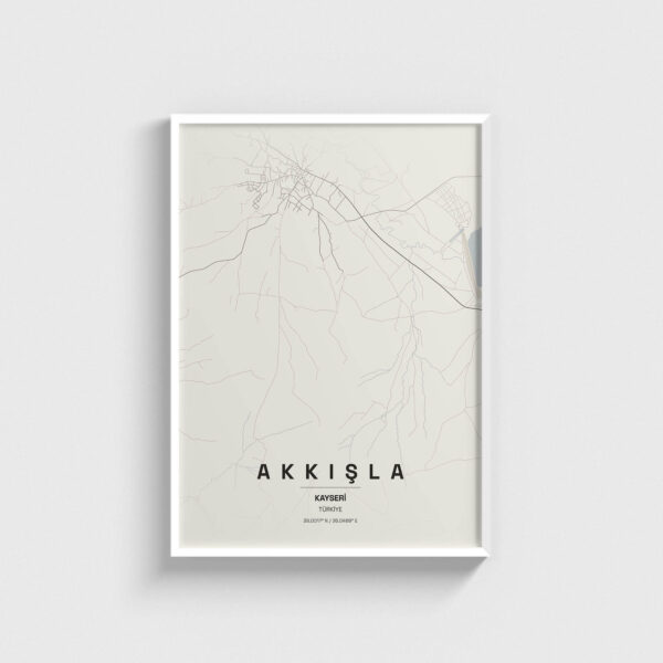 Beyaz çerçeveli Akkişla Kayseri haritası posteri, minimalist duvar dekorasyonu.