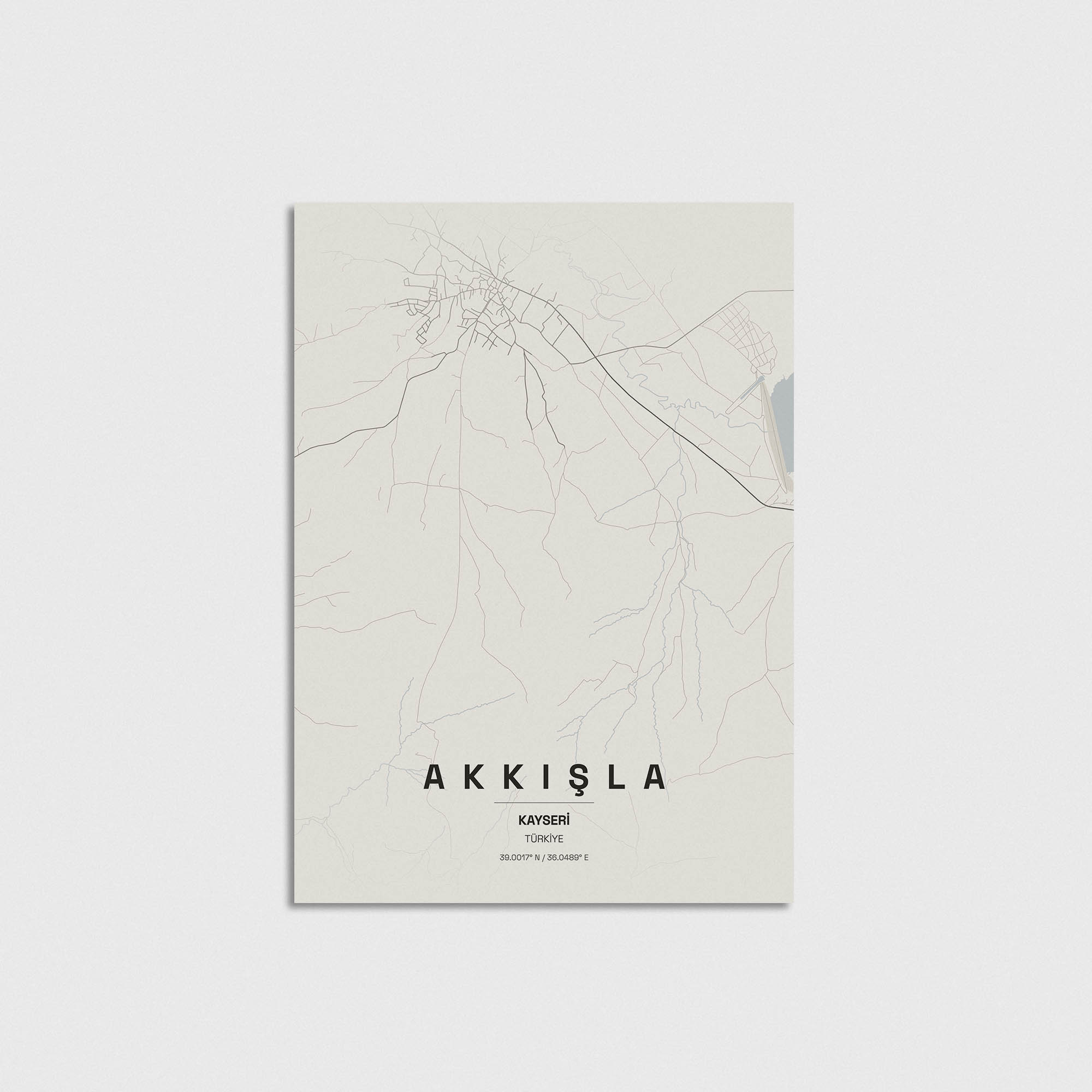 Akkişla Kayseri harita posteri, minimalist şehir tasarımı ile duvar dekorasyonu için şık çerçevesiz poster.