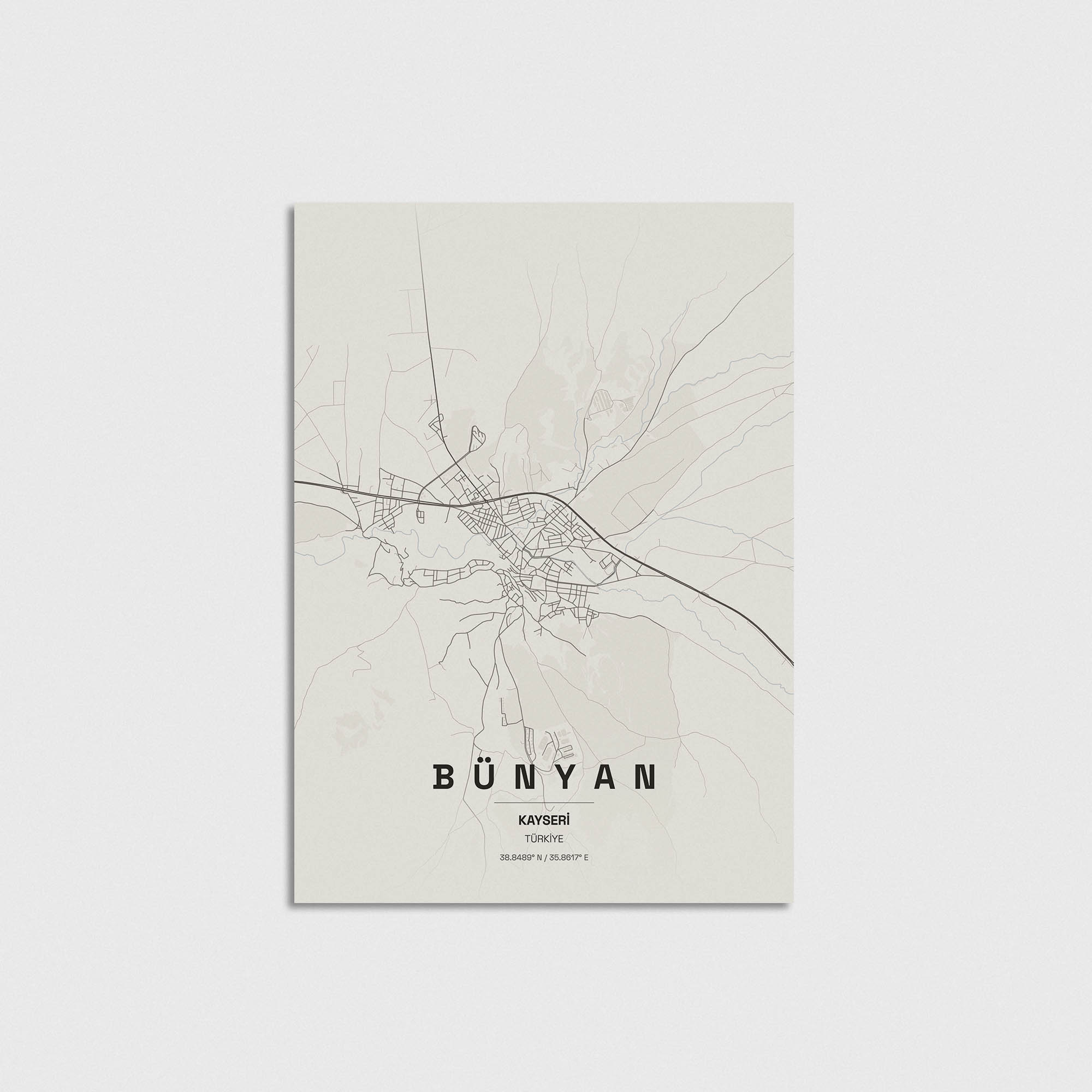 Bünyan Kayseri şehir haritası posteri, minimalist tasarım, dekoratif duvar sanatı.