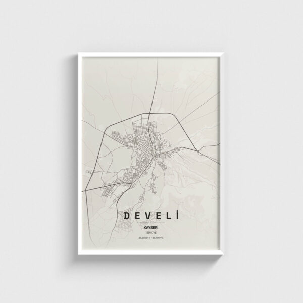 Beyaz çerçeveli Develi, Kayseri şehir haritası posteri, minimalist duvar dekorasyonu.