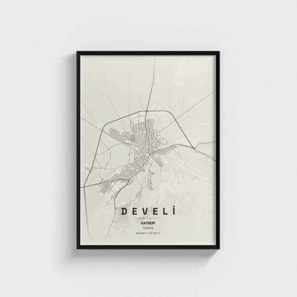 Siyah çerçeveli Develi, Kayseri şehir haritası posteri, minimalist duvar dekorasyonu.