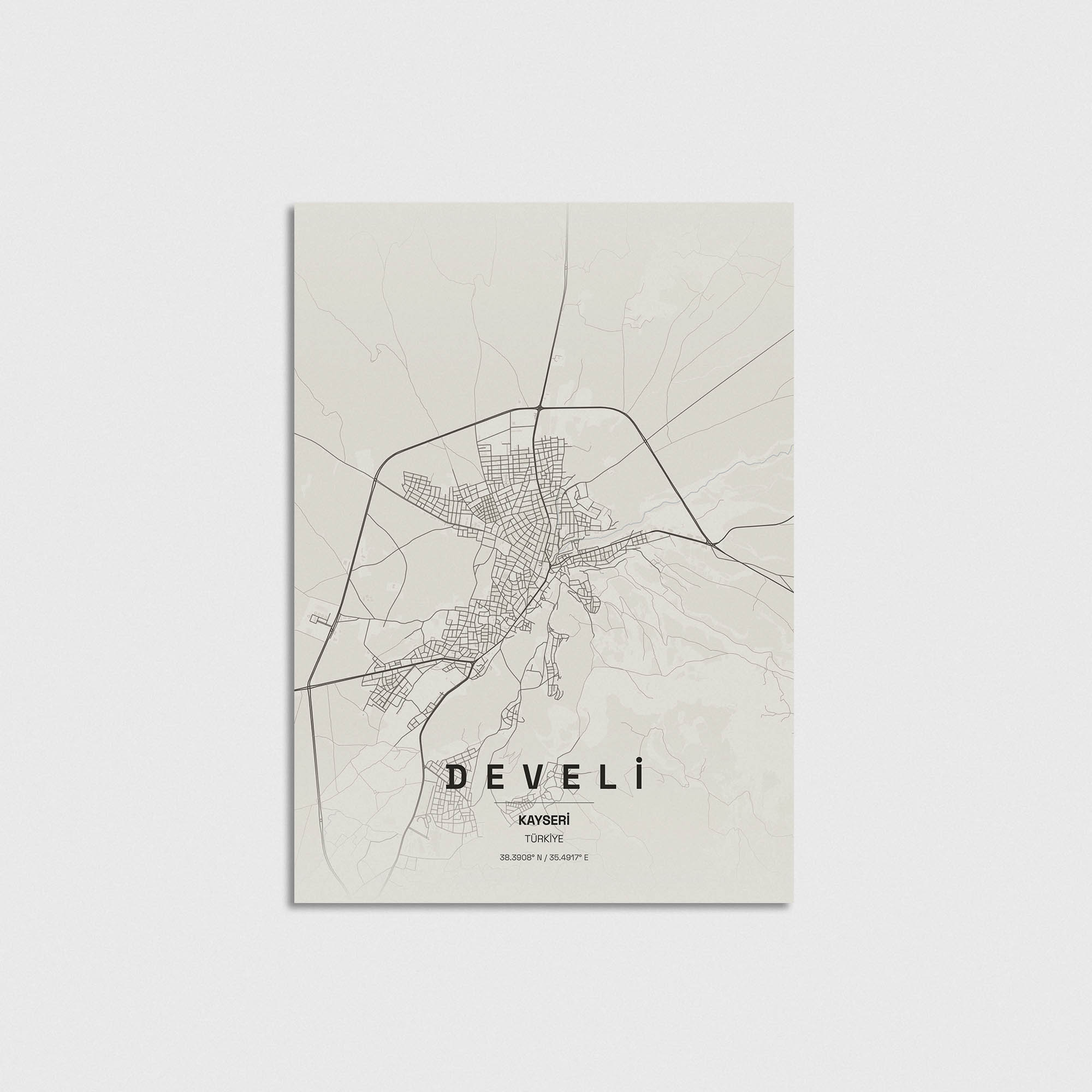 Develi, Kayseri şehir haritası tasarımı, minimalist duvar dekorasyonu için şık çerçevesiz poster.