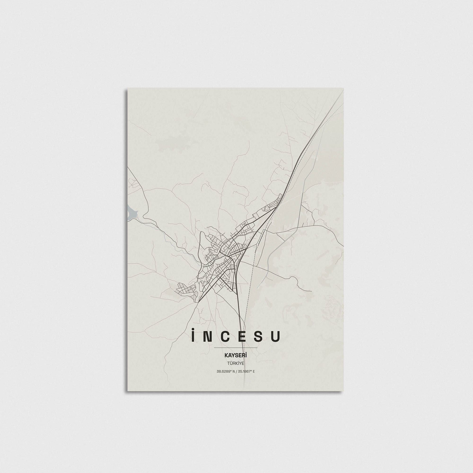 İncesu Kayseri şehir haritası posteri, minimalist duvar dekorasyonu için şık tasarım.