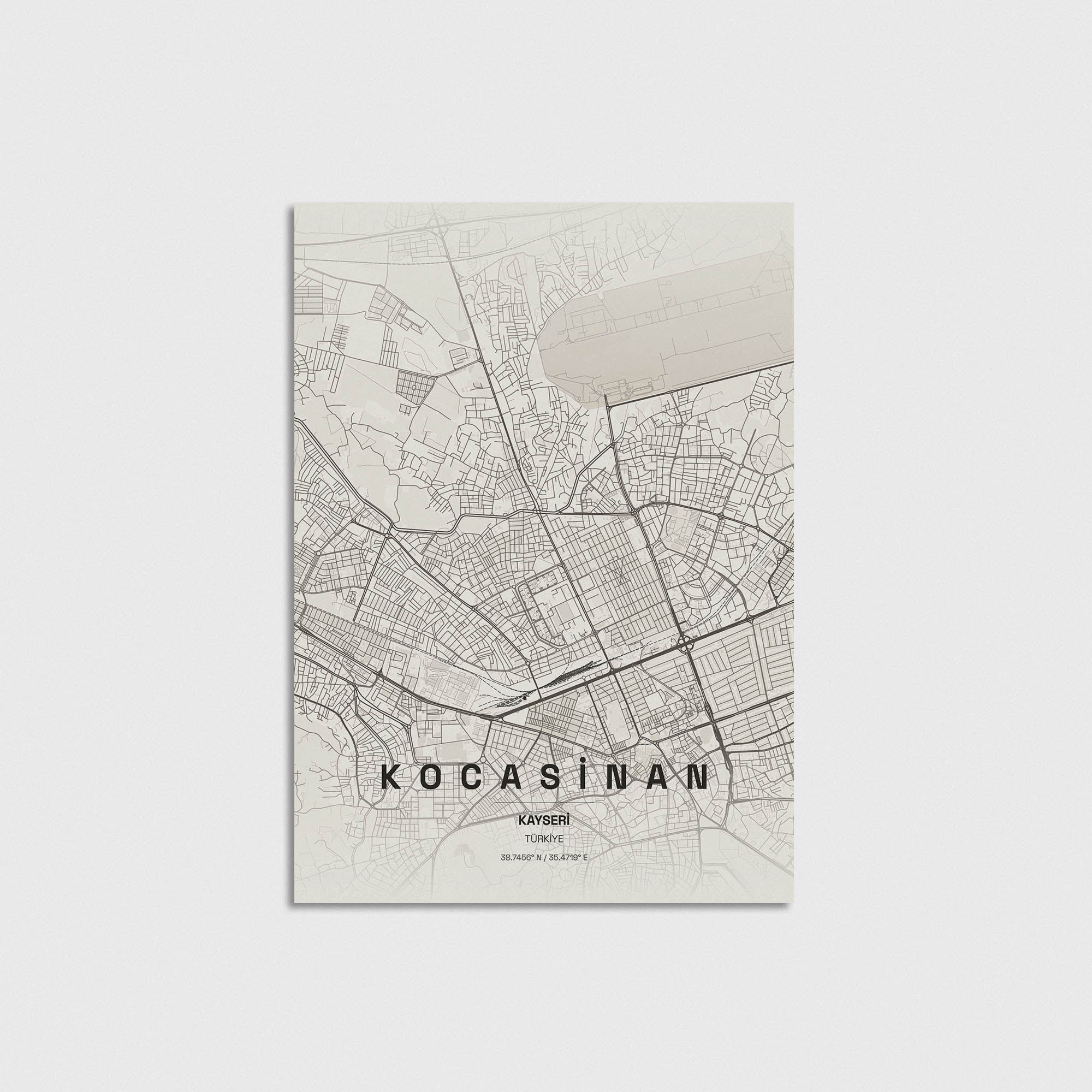 Kayseri Kocasinan şehir haritası posteri, minimalist tasarım, dekoratif duvar sanatı.