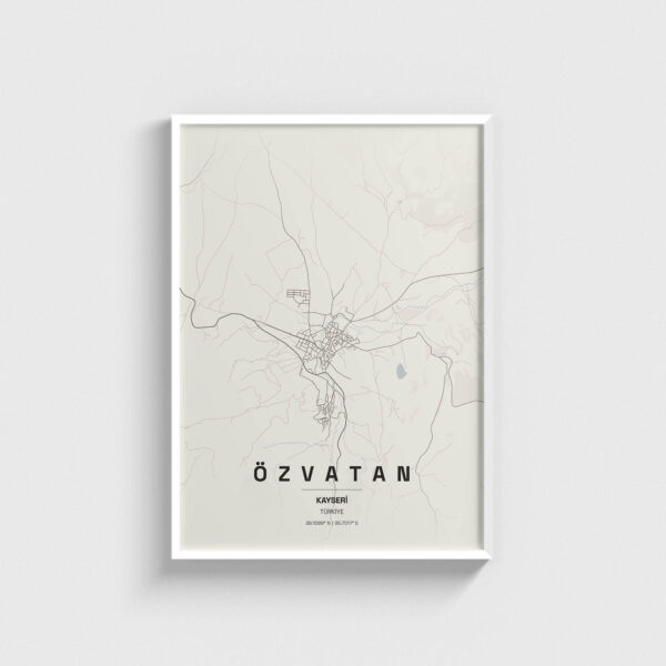 Beyaz çerçeveli Özvatan, Kayseri harita posteri, minimalist duvar dekorasyonu.