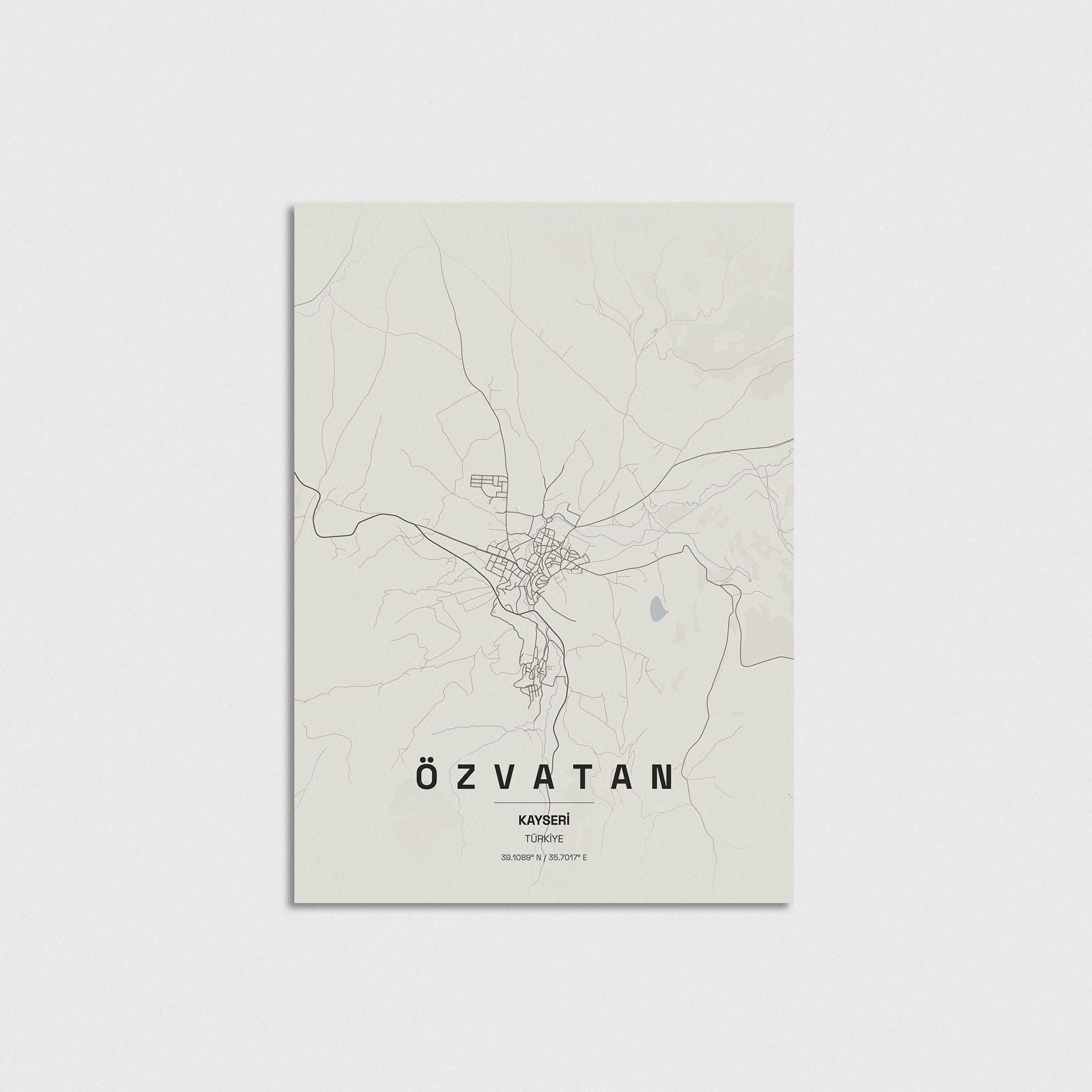 Minimalist Özvatan Kayseri şehir haritası tasarımı, modern duvar dekorasyonu için şık çerçevesiz poster.