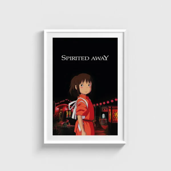 Spirited Away film posteri, beyaz çerçeveli tablo tasarımı ile duvar dekorasyonu için şık bir seçenek.