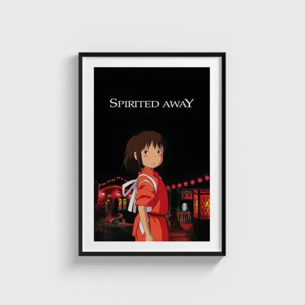 Siyah çerçeveli Spirited Away film posteri, duvar dekorasyonu için şık ve modern tablo tasarımı.