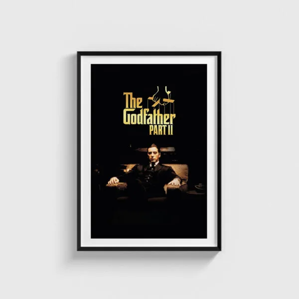 Siyah çerçeveli The Godfather Part II film posteri, modern iç mekan duvar dekorasyonu için şık tablo.
