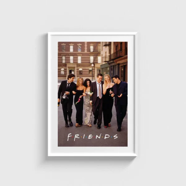 Beyaz çerçeveli Friends dizi posteri, duvarda asılı şık dekoratif tablo modeli.
