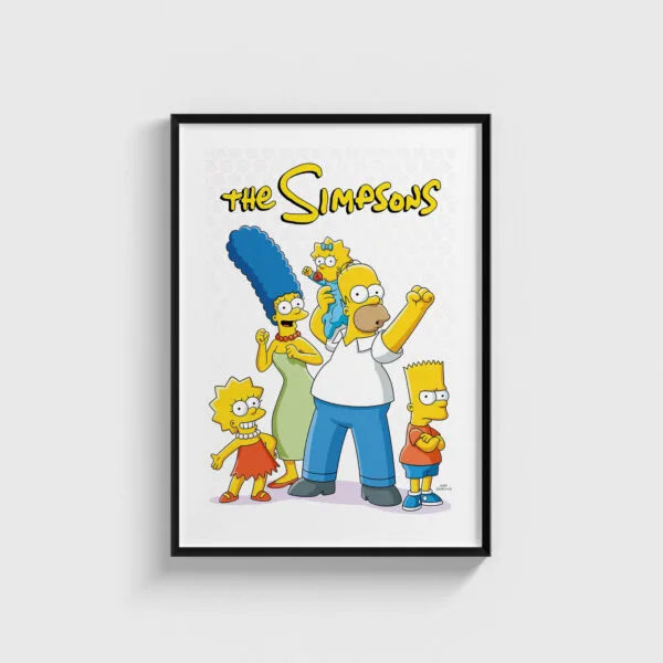 Siyah çerçeveli The Simpsons dizi posteri, ev dekorasyonu için şık ve modern duvar tablosu.