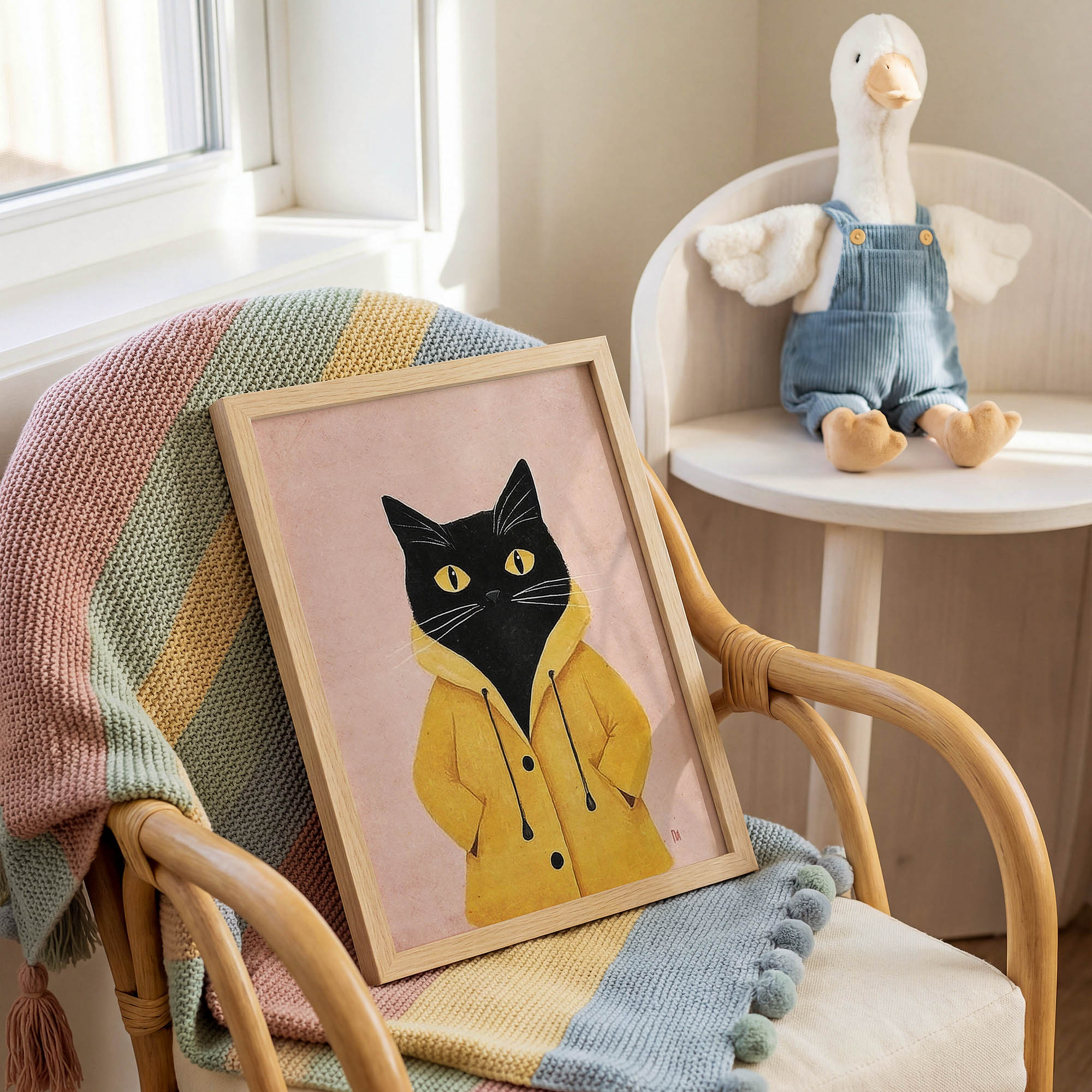 Yağmurluklu Siyah Kedi Çocuk Odası Duvar Posteri Çerçeveli Tablo Dekorasyon - Görsel 2