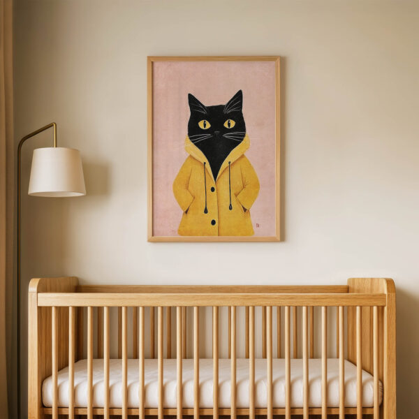 Yağmurluklu Siyah Kedi Çocuk Odası Duvar Posteri Çerçeveli Tablo Dekorasyon