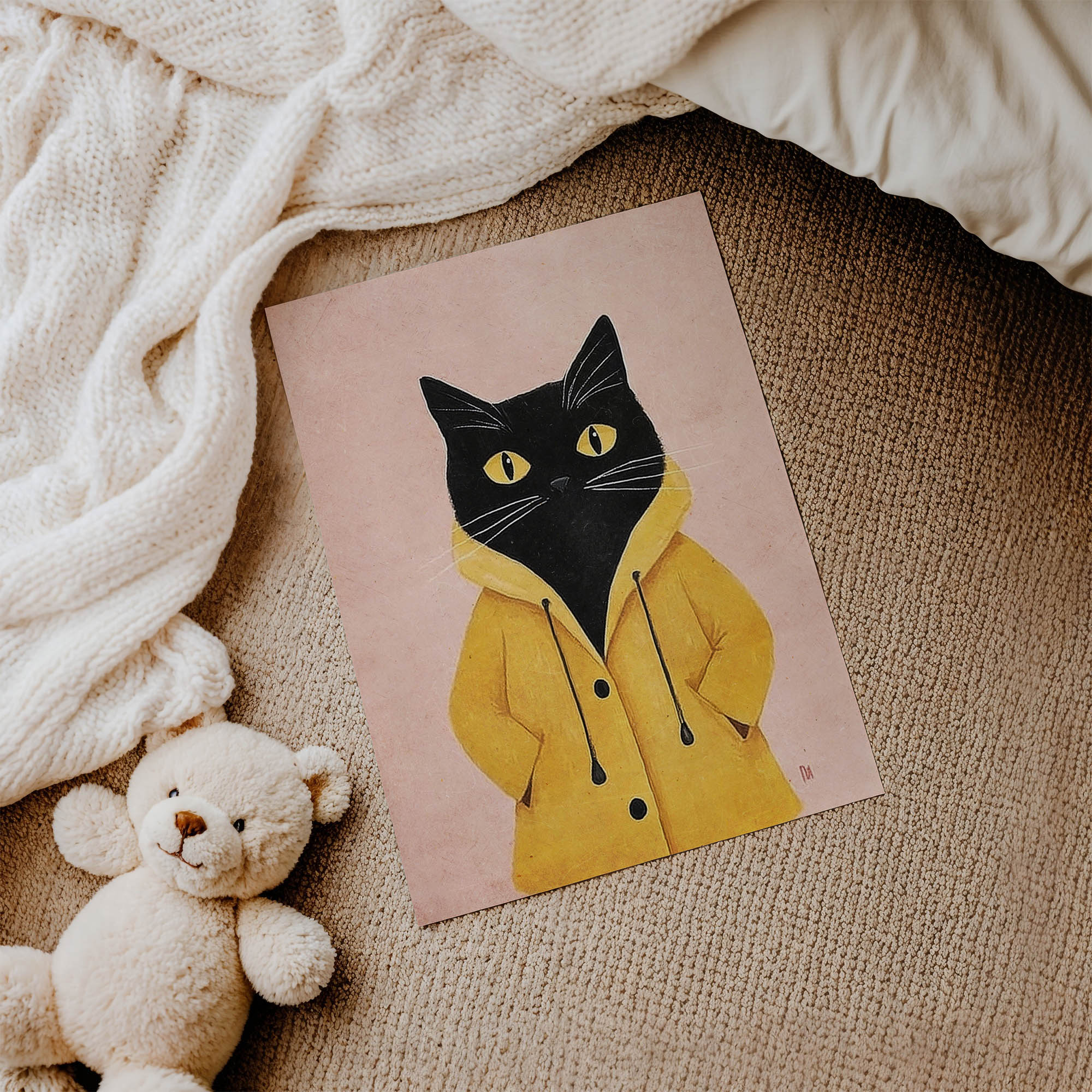 Yağmurluklu Siyah Kedi Çocuk Odası Duvar Posteri Çerçeveli Tablo Dekorasyon - Görsel 3