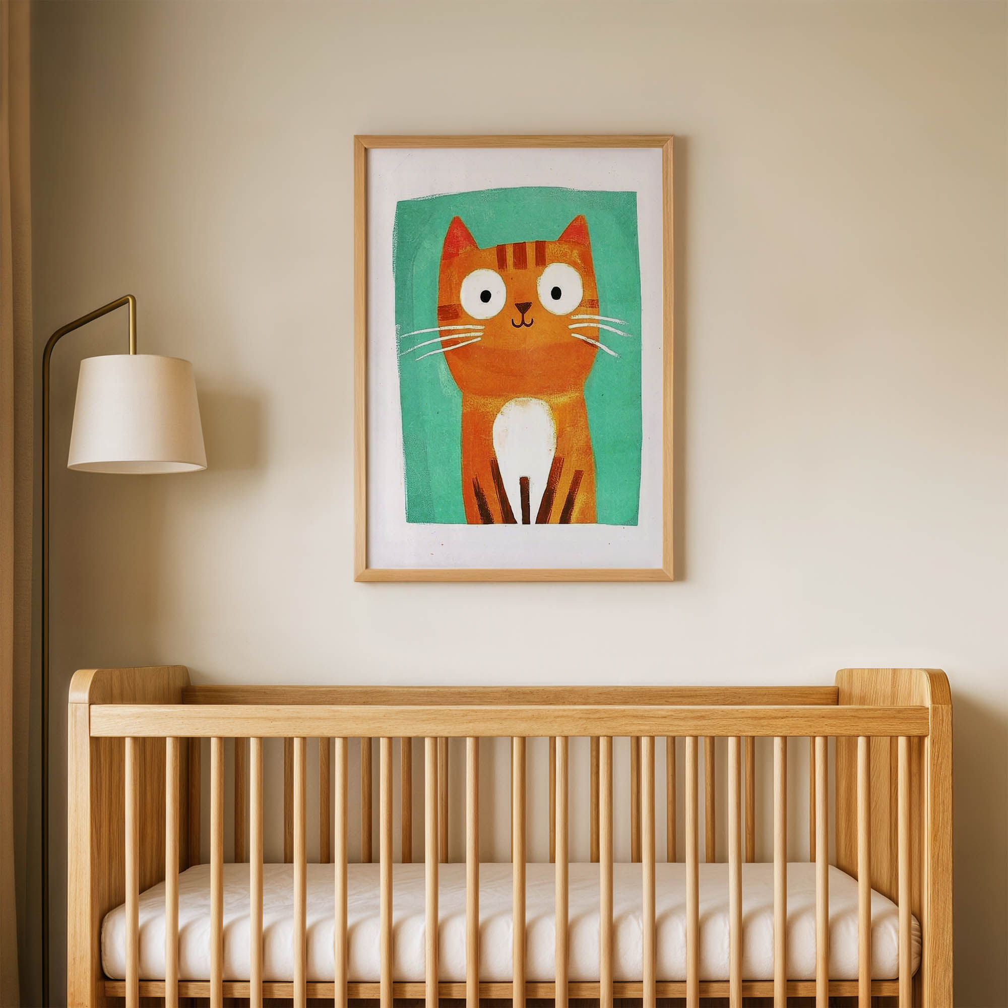 Yeşil Çerçeveli Kedi Çocuk Odası Duvar Posteri Çerçeveli Tablo Dekorasyon