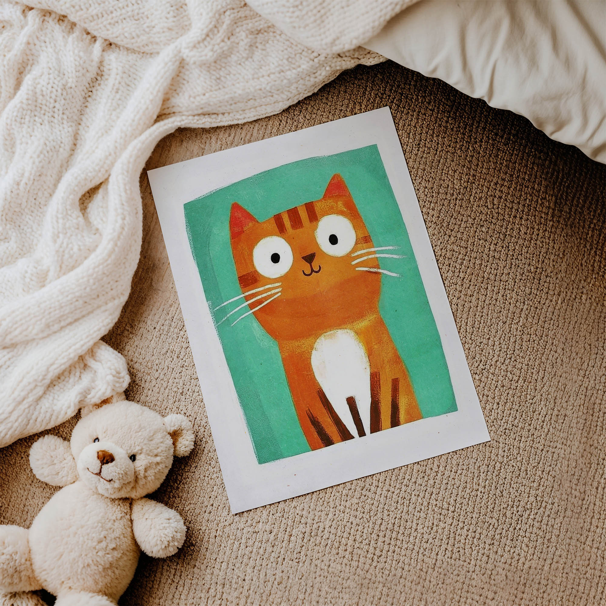 Yeşil Çerçeveli Kedi Çocuk Odası Duvar Posteri Çerçeveli Tablo Dekorasyon - Görsel 3