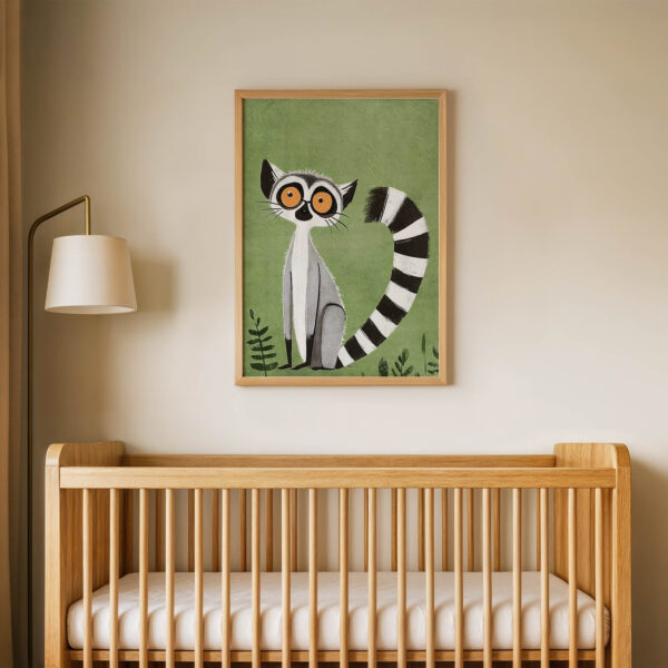 Yeşil Zeminli Lemur Çocuk Odası Duvar Posteri Çerçeveli Tablo Dekorasyon