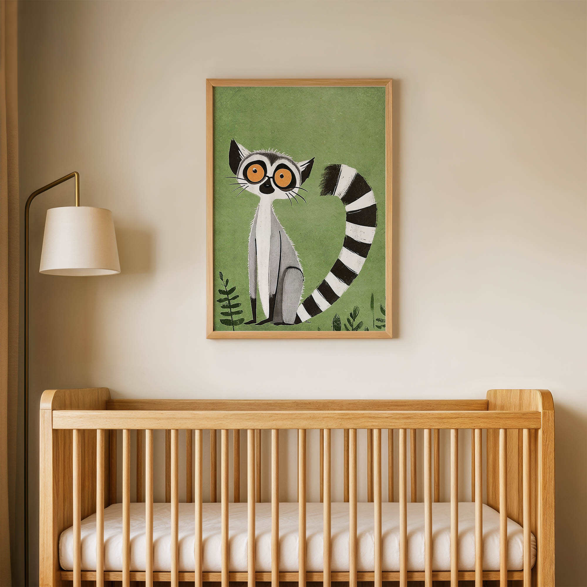 Yeşil Zeminli Lemur Çocuk Odası Duvar Posteri Çerçeveli Tablo Dekorasyon