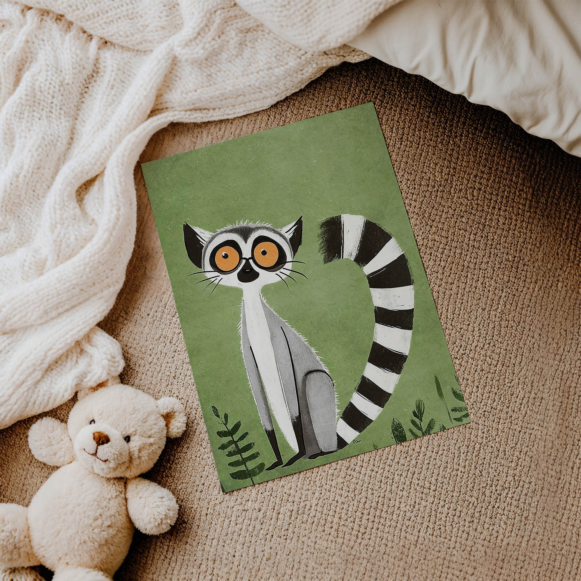 Yeşil Zeminli Lemur Çocuk Odası Duvar Posteri Çerçeveli Tablo Dekorasyon - Görsel 3