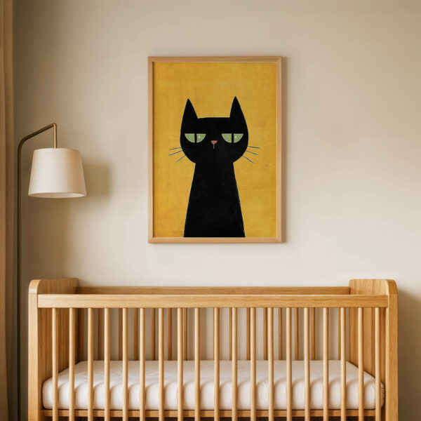 Sarı Zeminli Kedi Çocuk Odası Duvar Posteri Çerçeveli Tablo Dekorasyon