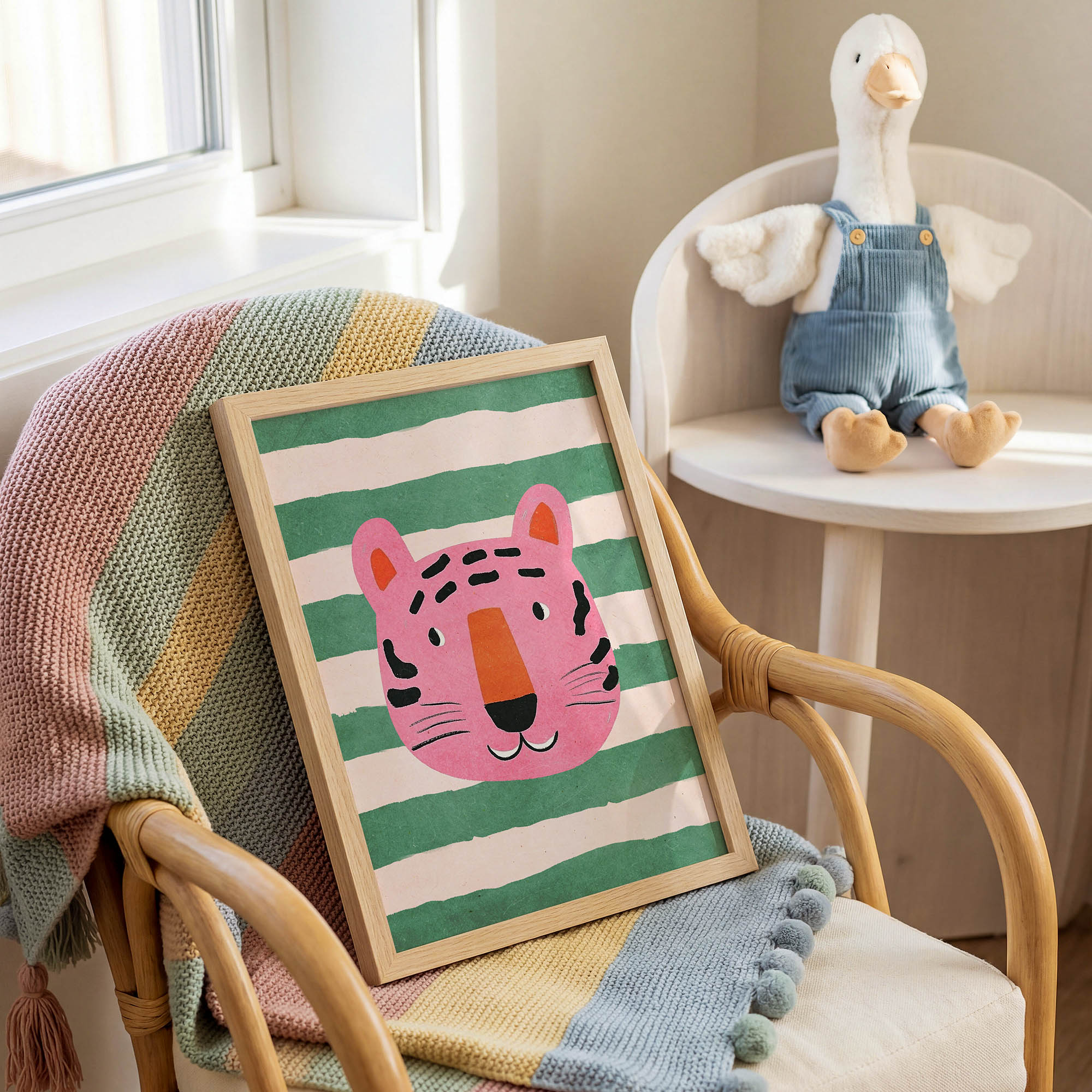 Pembe Çizgili Kaplan Çocuk Odası Duvar Posteri Çerçeveli Tablo Dekorasyon - Görsel 2