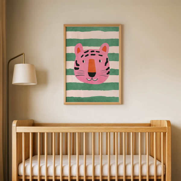 Pembe Çizgili Kaplan Çocuk Odası Duvar Posteri Çerçeveli Tablo Dekorasyon