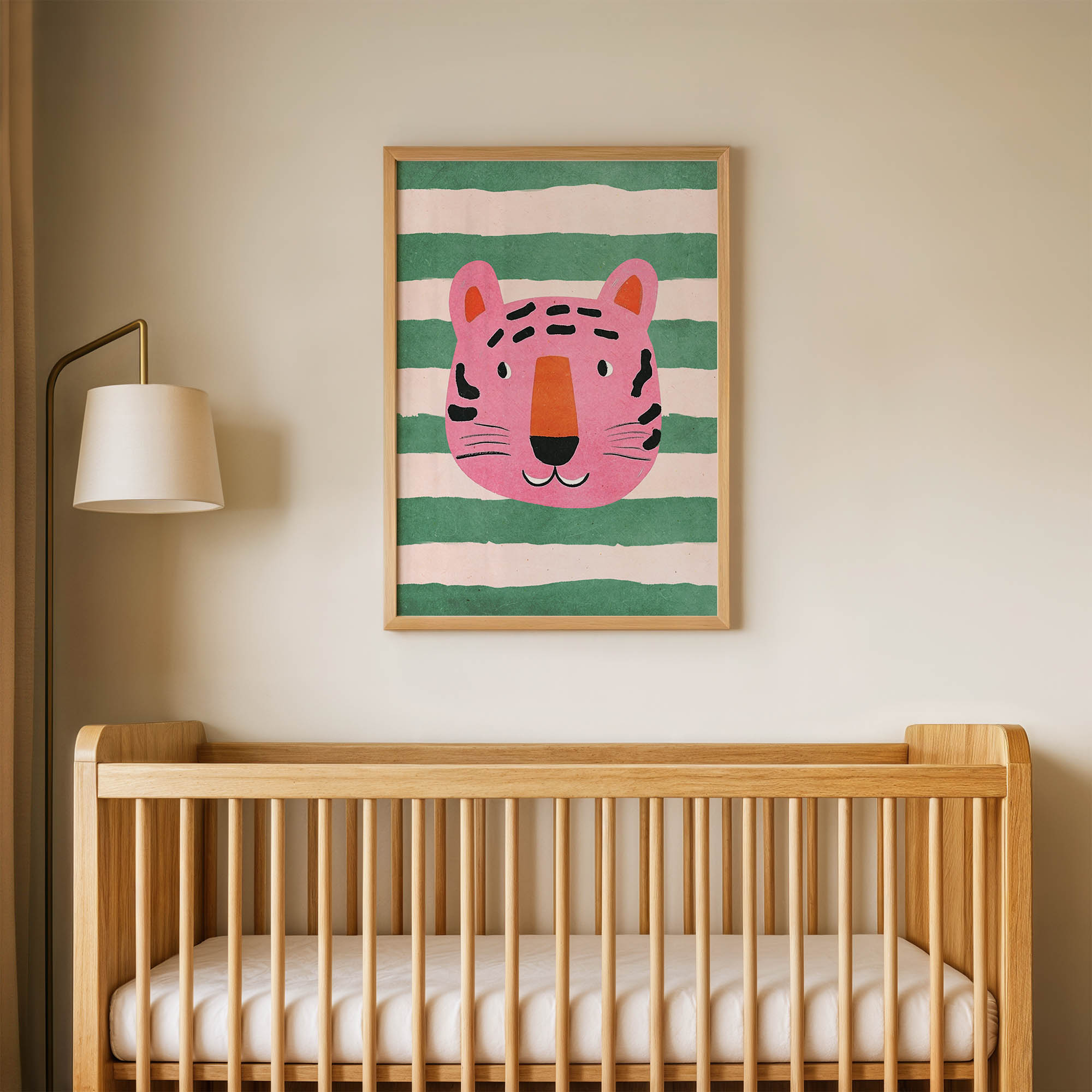 Pembe Çizgili Kaplan Çocuk Odası Duvar Posteri Çerçeveli Tablo Dekorasyon