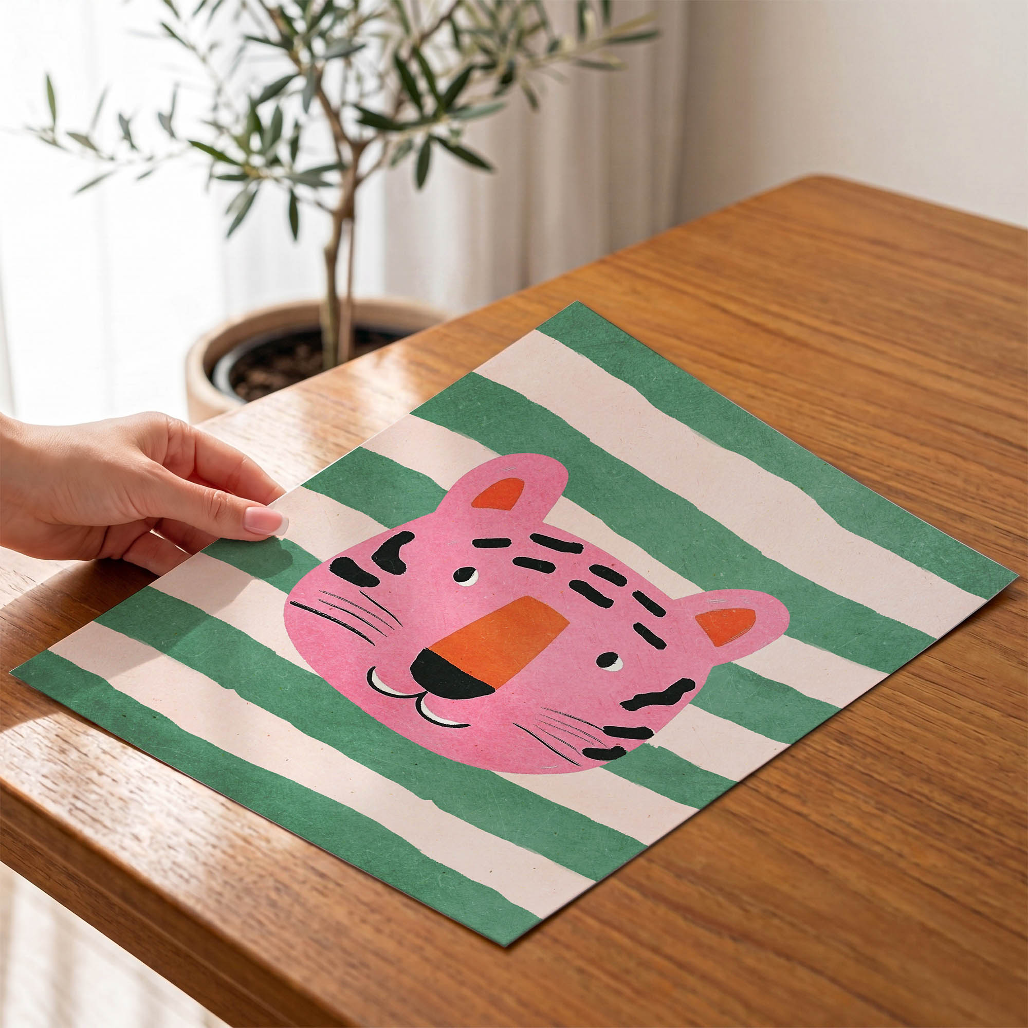 Pembe Çizgili Kaplan Çocuk Odası Duvar Posteri Çerçeveli Tablo Dekorasyon - Görsel 4