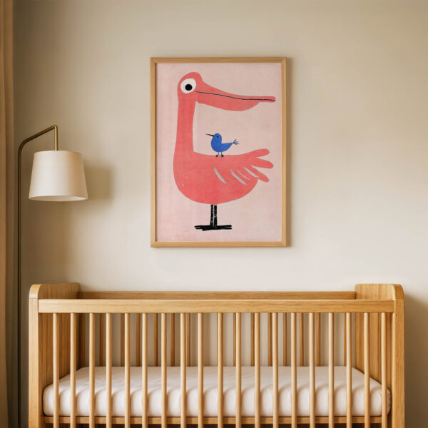 Pembe Zeminli Pelikan Çocuk Odası Duvar Posteri Çerçeveli Tablo Dekorasyon
