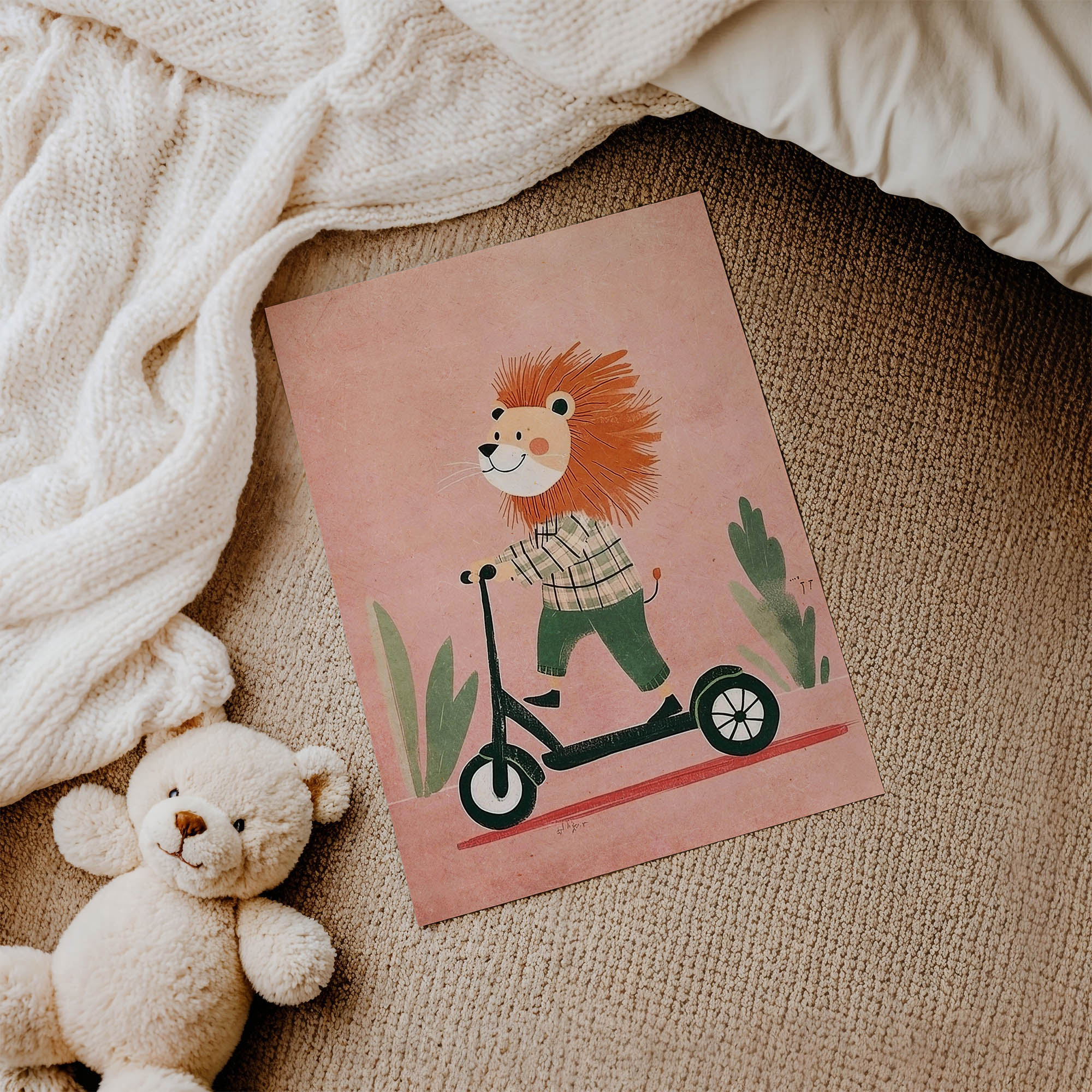 Scooterlı Sevimli Aslan Çocuk Odası Duvar Posteri Çerçeveli Tablo Dekorasyon - Görsel 3