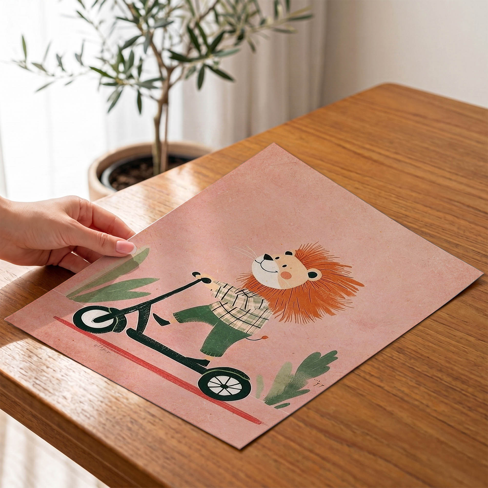 Scooterlı Sevimli Aslan Çocuk Odası Duvar Posteri Çerçeveli Tablo Dekorasyon - Görsel 4