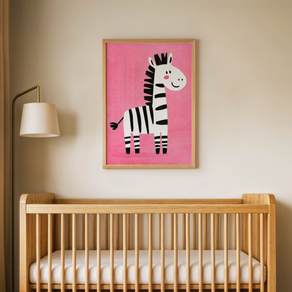 Pembe Zeminli Zebra Çocuk Odası Duvar Posteri Çerçeveli Tablo Dekorasyon