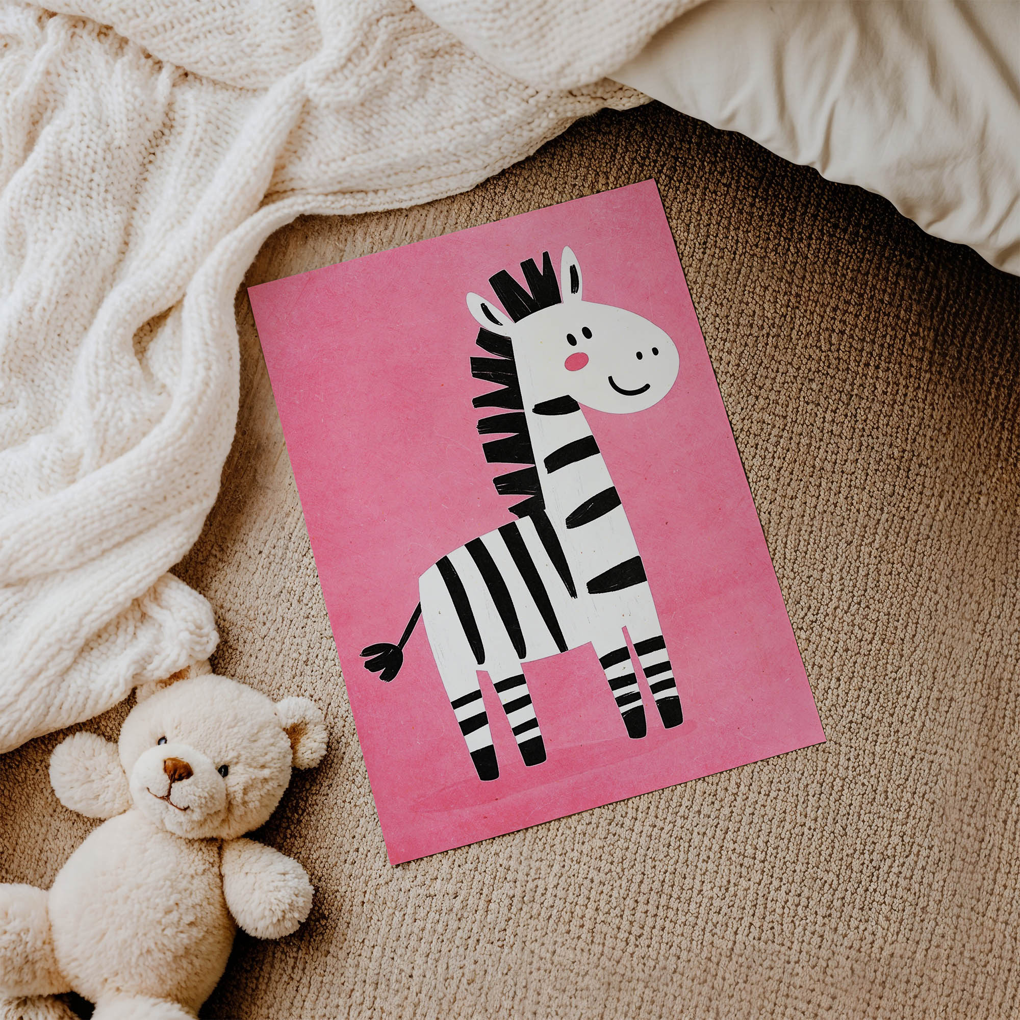 Pembe Zeminli Zebra Çocuk Odası Duvar Posteri Çerçeveli Tablo Dekorasyon - Görsel 3