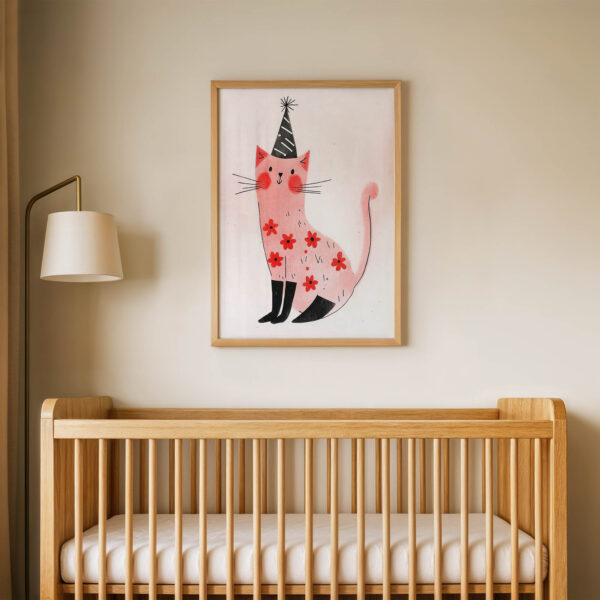 Parti Şapkalı Kedi Çocuk Odası Duvar Posteri Çerçeveli Tablo Dekorasyon