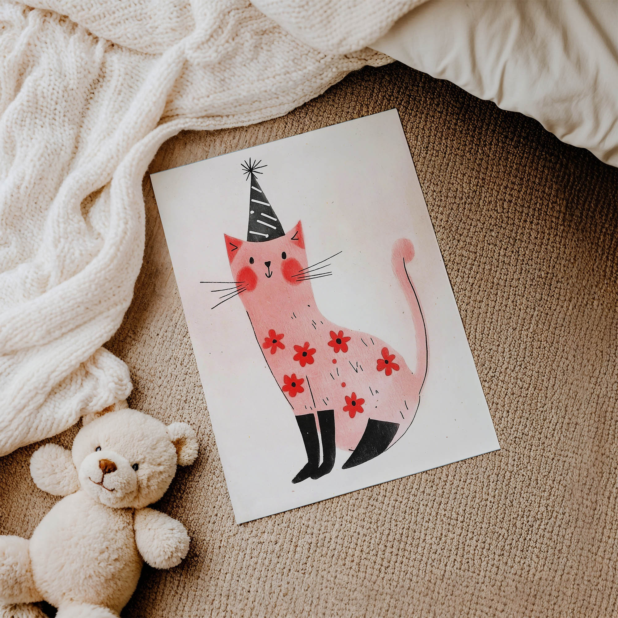 Parti Şapkalı Kedi Çocuk Odası Duvar Posteri Çerçeveli Tablo Dekorasyon - Görsel 3