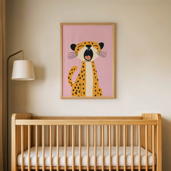 Pembe Zeminli Çita Çocuk Odası Duvar Posteri Çerçeveli Tablo Dekorasyon