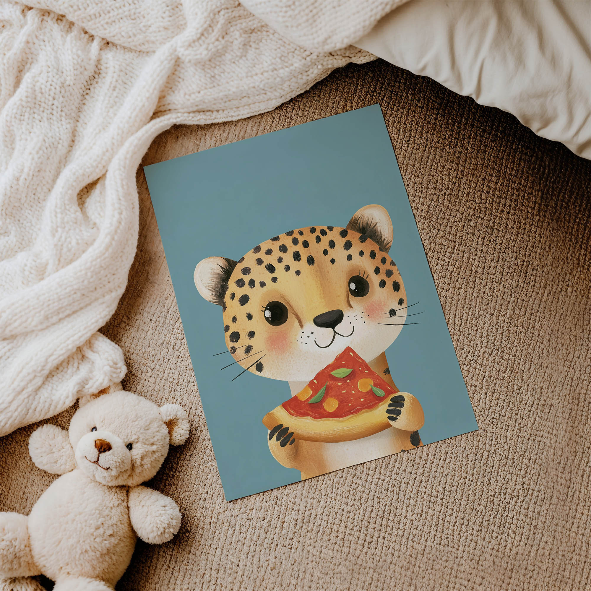 Pizza Yiyen Leopar Çocuk Odası Duvar Posteri Çerçeveli Tablo Dekorasyon - Görsel 3