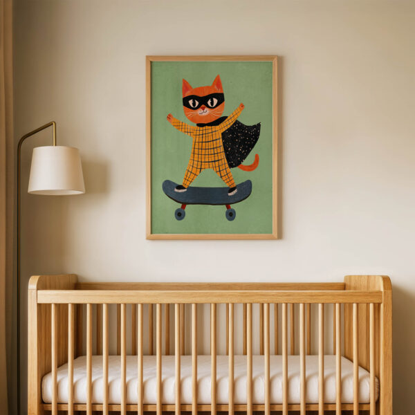 Pelerinli Kaykaycı Kedi Çocuk Odası Duvar Posteri Çerçeveli Tablo Dekorasyon