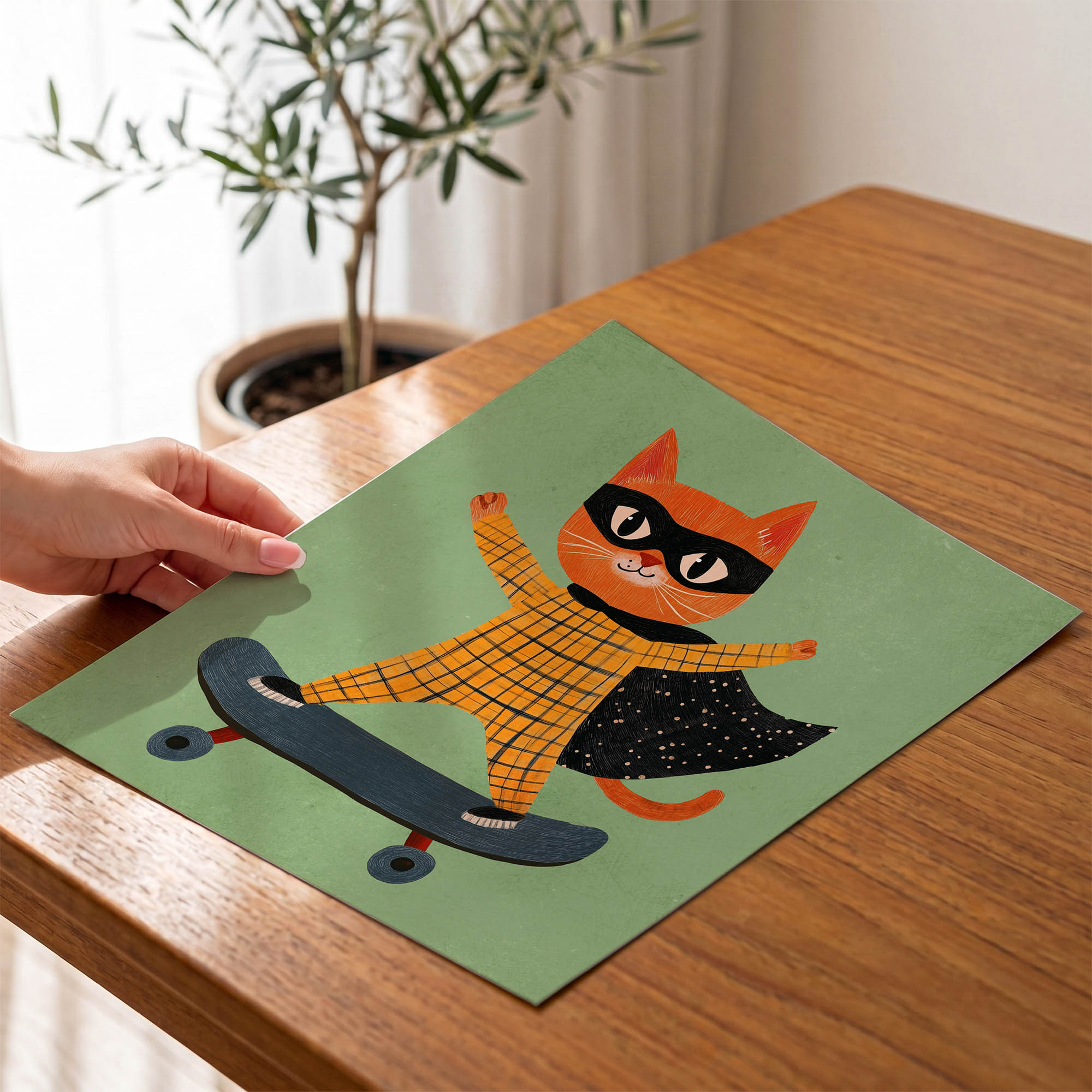 Pelerinli Kaykaycı Kedi Çocuk Odası Duvar Posteri Çerçeveli Tablo Dekorasyon - Görsel 4
