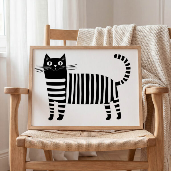 Siyah Çizgili Kedi Çocuk Odası Duvar Posteri Çerçeveli Tablo Dekorasyon