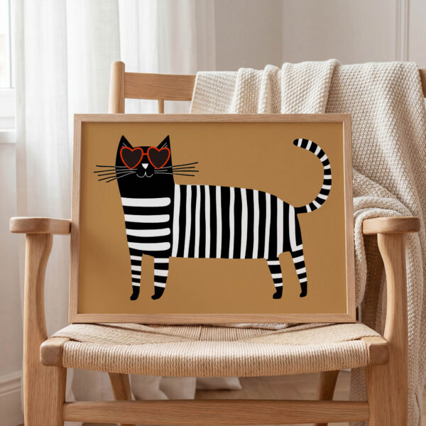 Zebra Desenli Kedi Çocuk Odası Duvar Posteri Çerçeveli Tablo Dekorasyon