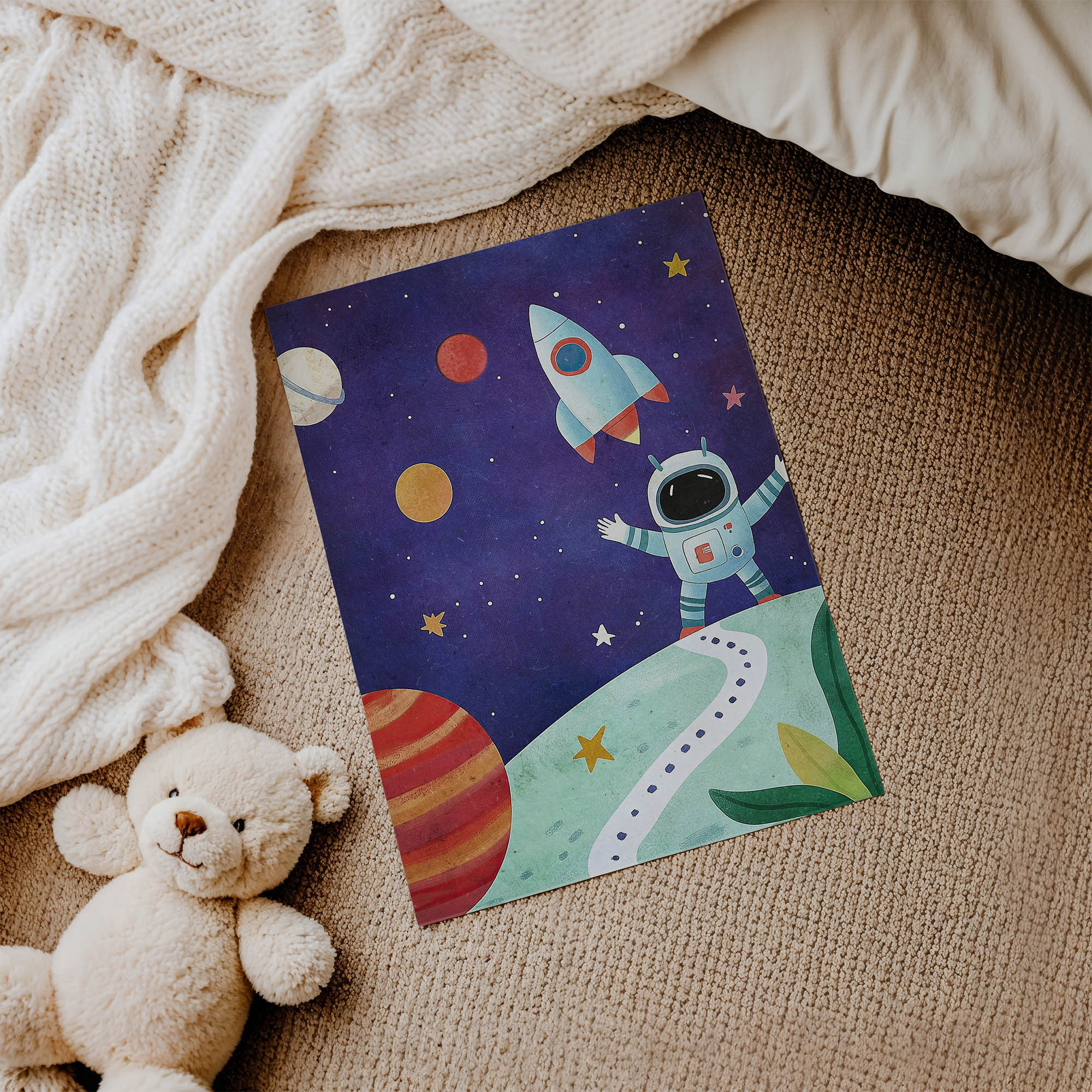 Roketli Küçük Astronot Çocuk Odası Duvar Posteri Çerçeveli Tablo Dekorasyon - Görsel 3