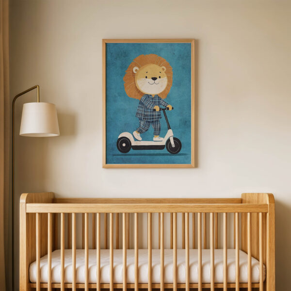 Scooter Süren Aslan Çocuk Odası Duvar Posteri Çerçeveli Tablo Dekorasyon