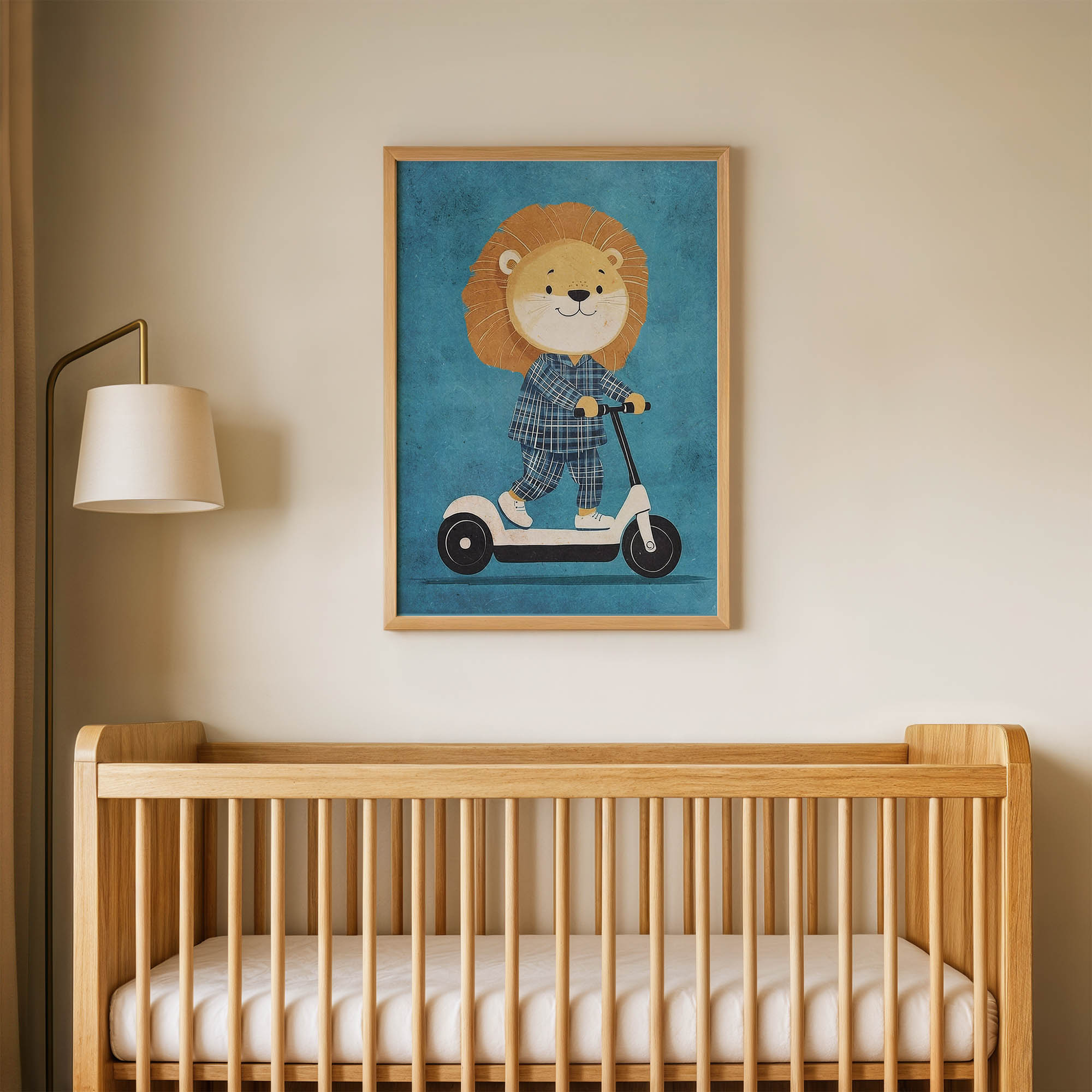Scooter Süren Aslan Çocuk Odası Duvar Posteri Çerçeveli Tablo Dekorasyon
